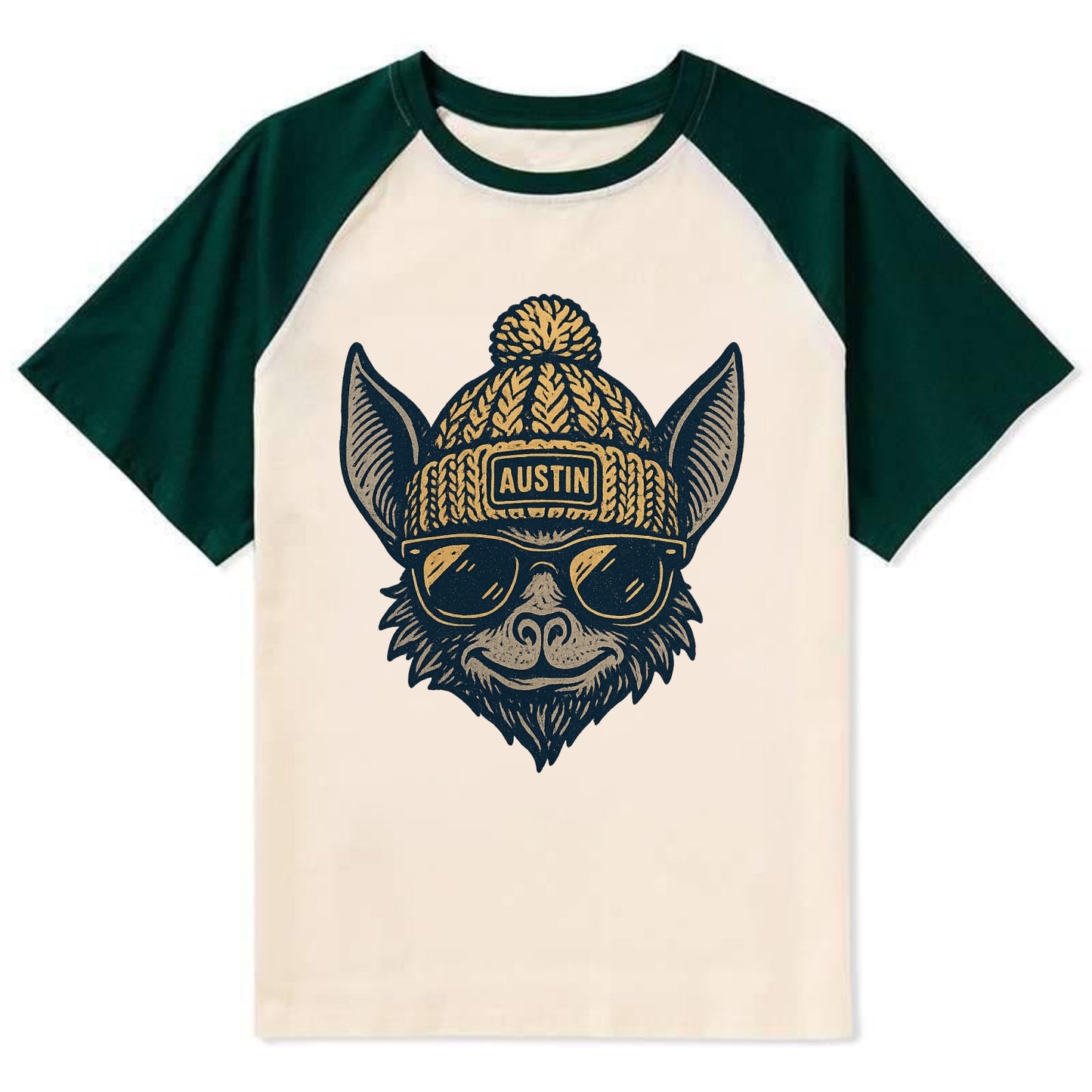 Austin Bat wearing Austin beanie with pom pom and wayfarer sunglasses - Contrast Raglan T-shirt - Green
