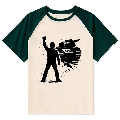 Single figure standing against tank - courage and resistance ink art - Contrast Raglan T-shirt - Green