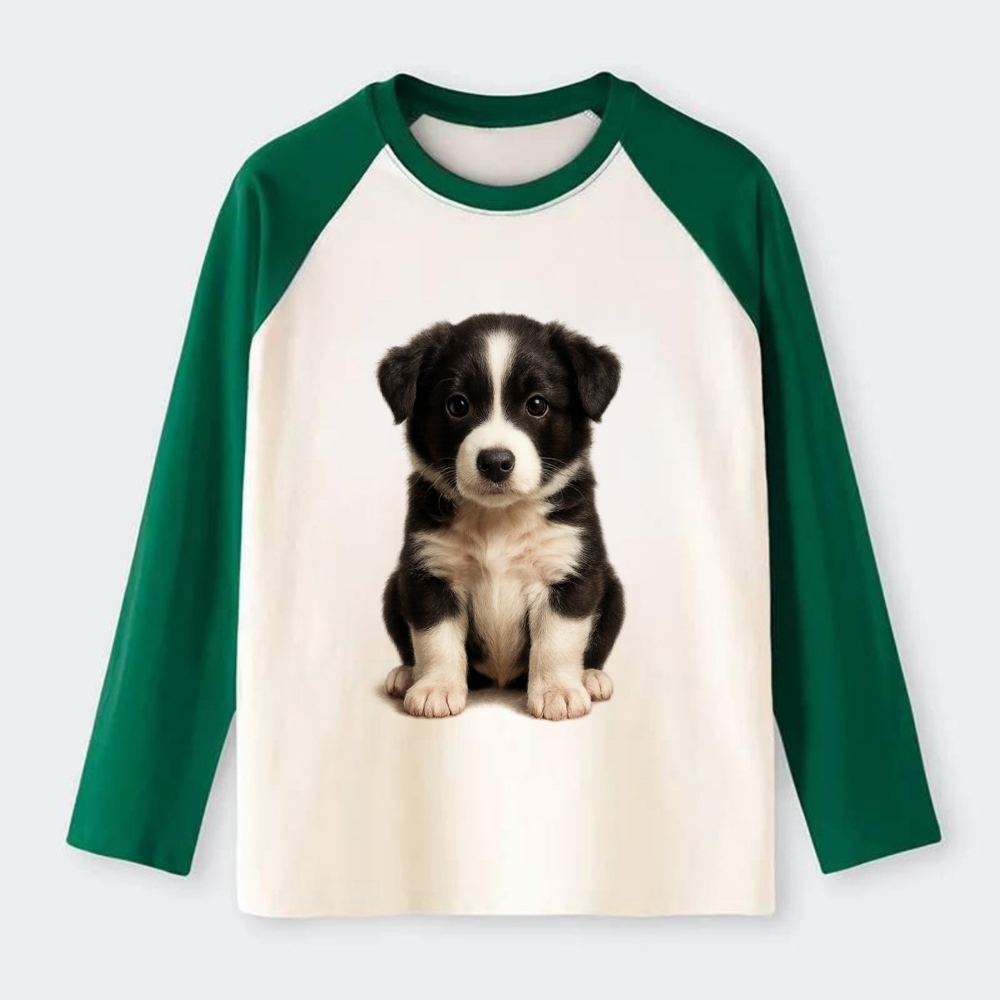 Baby Border Collie Puppy - black and white, intense smart eyes, - Raglan Long Sleeve T-Shirt - Green