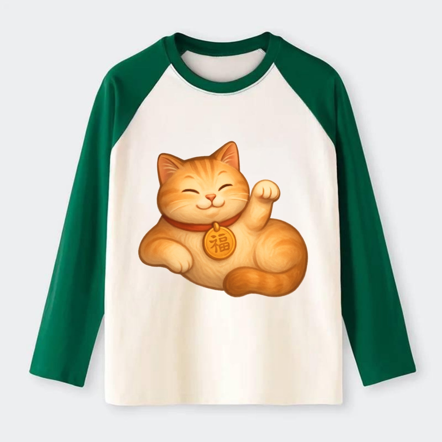 Maneki Neko Pose - Raglan Long Sleeve T-Shirt - Green