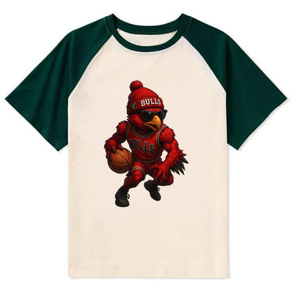 Windy City Hawk wearing Bulls beanie with six rings patch and wayfarer - Contrast Raglan T-shirt - Green