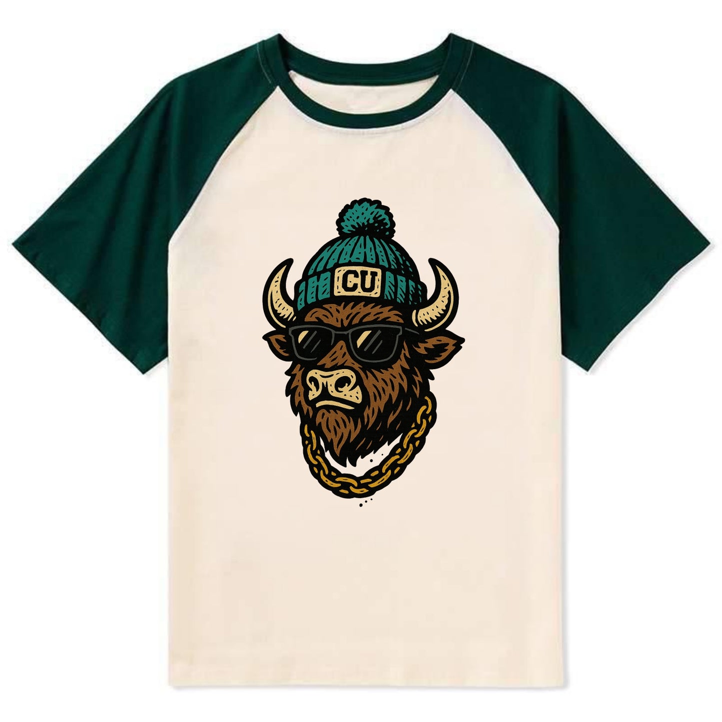 Boulder Ralphie wearing Colorado beanie with CU patch - Contrast Raglan T-shirt - Green