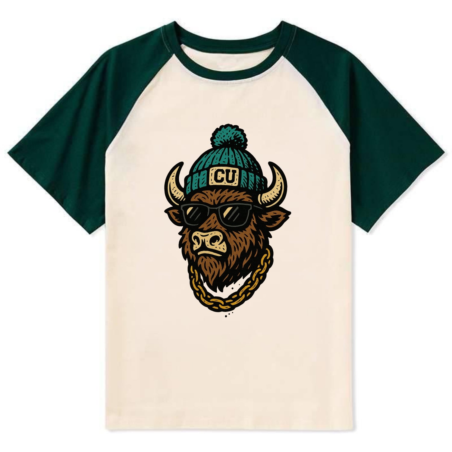 Boulder Ralphie wearing Colorado beanie with CU patch - Contrast Raglan T-shirt - Green