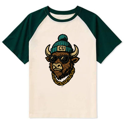 Boulder Ralphie wearing Colorado beanie with CU patch - Contrast Raglan T-shirt - Green