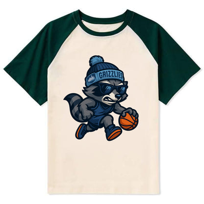 Memphis Raccoon wearing Grizzlies beanie with riverboat patch and - Contrast Raglan T-shirt - Green