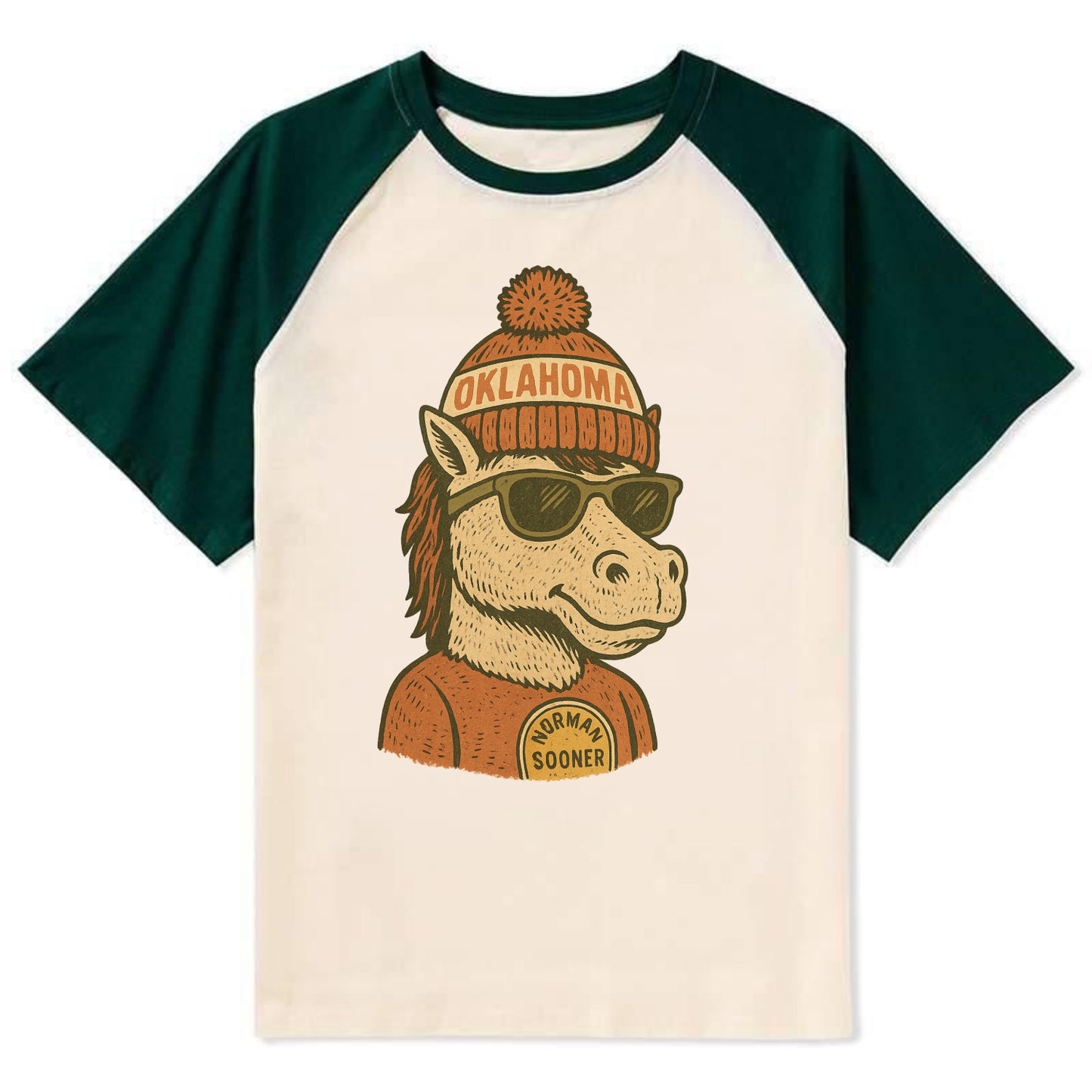 Norman Sooner Horse wearing Oklahoma bea - Contrast Raglan T-shirt - Green