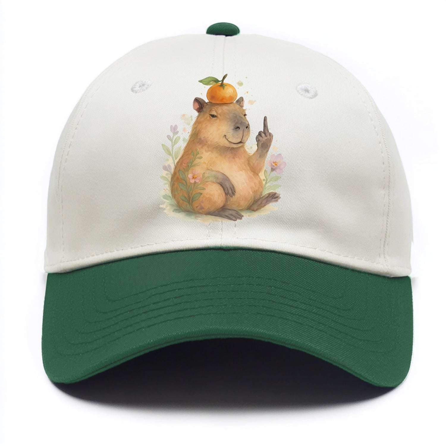 chonky capybara relaxing with orange on head, one webbed middle finger up - Two Tone Cap - Green