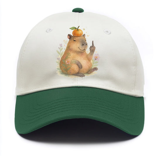 chonky capybara relaxing with orange on head, one webbed middle finger up - Two Tone Cap - Green