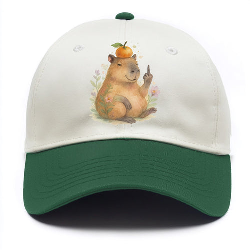 chonky capybara relaxing with orange on head, one webbed middle finger up - Two Tone Cap