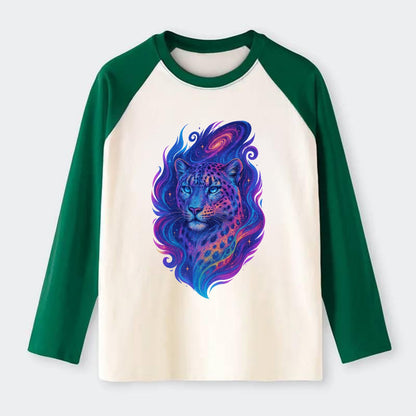 Majestic snow leopard with rainbow gradient spots, crystalline flowing - Raglan Long Sleeve T-Shirt - Green