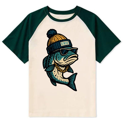 Erie Lake Trout wearing Erie beanie with - Contrast Raglan T-shirt - Green