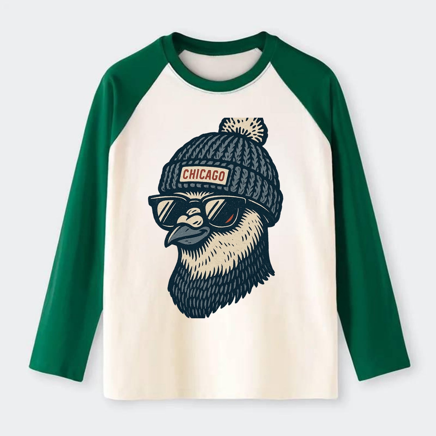 Chicago Pigeon wearing Chicago beanie with pom pom and wayfarer - Raglan Long Sleeve T-Shirt - Green