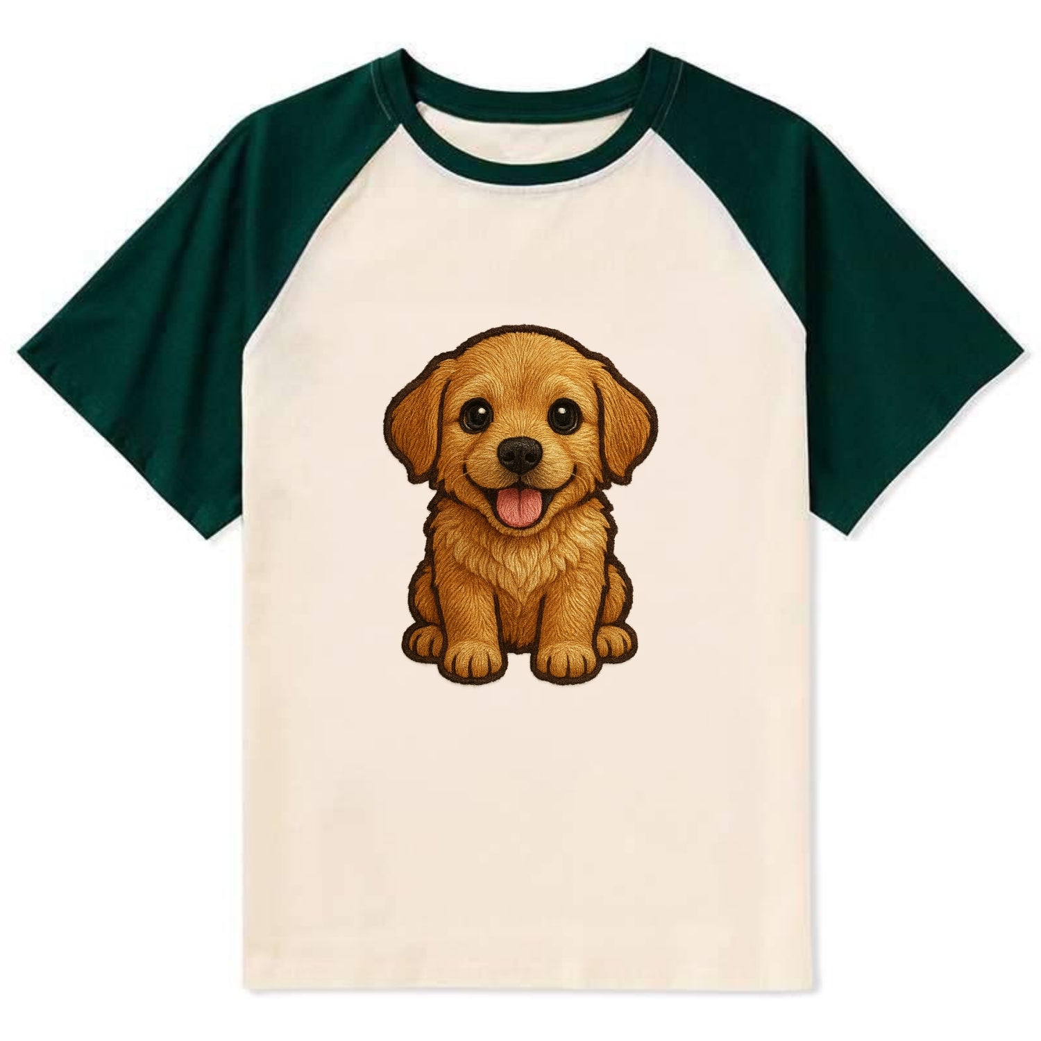 Baby Golden Retriever Puppy - fluffy golden fur, big brown eyes, pink - Contrast Raglan T-shirt - Green