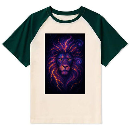 Regal lion with mane made of electric currents, neon yellow and hot pink - Contrast Raglan T-shirt - Green