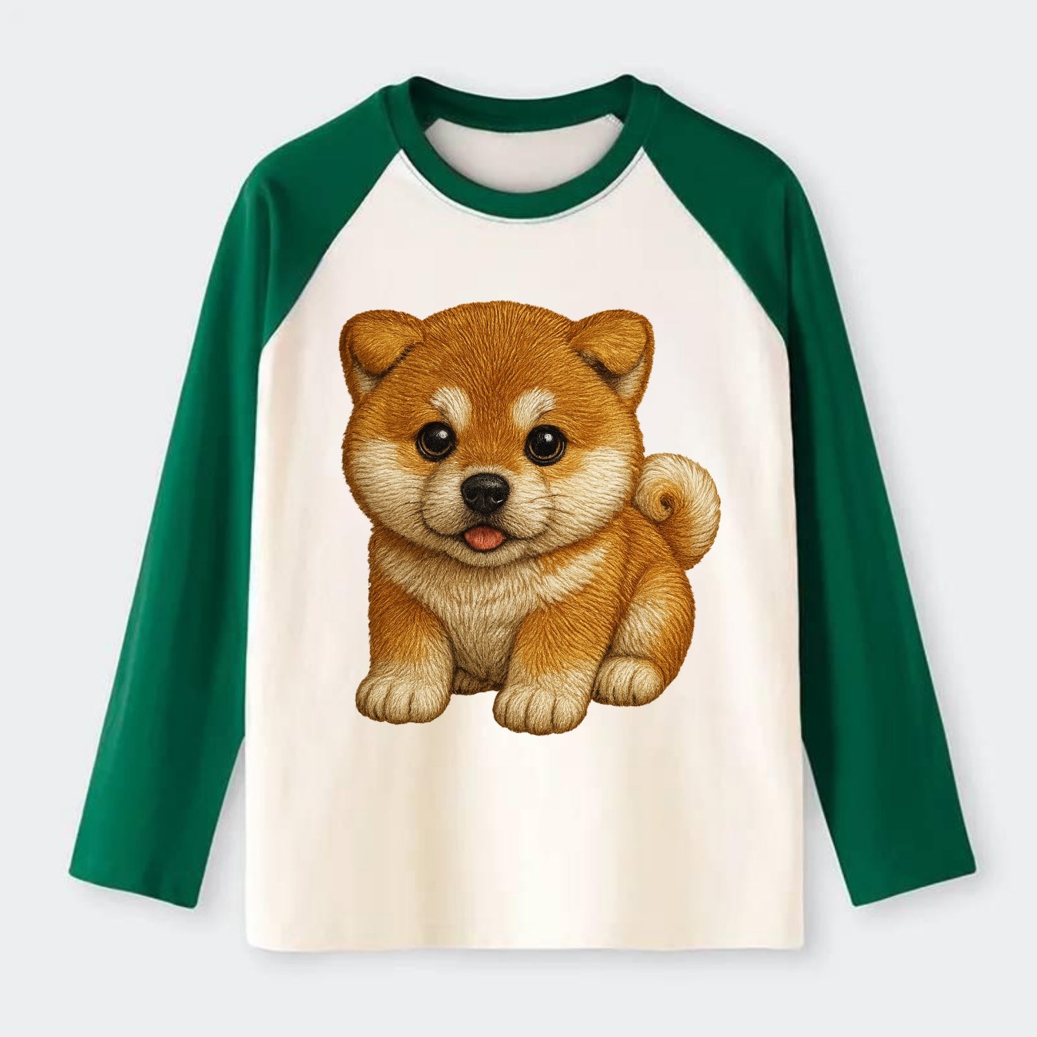 Baby Akita Puppy - fluffy bear-like, curled tail, dignified eyes, - Raglan Long Sleeve T-Shirt - Green