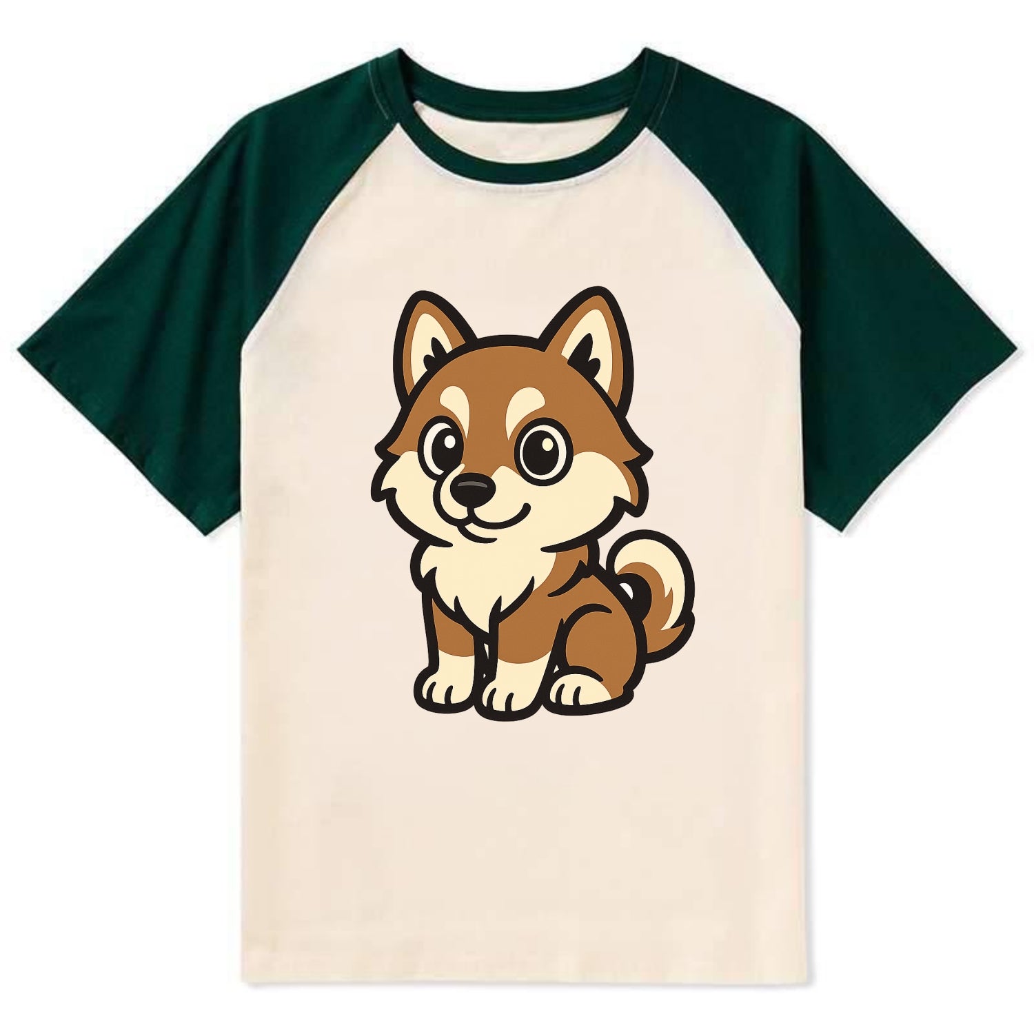 Pomsky - Pomeranian-Husky mix sitting pose - Contrast Raglan T-shirt - Green