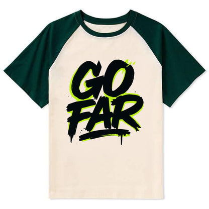 Bold typography design - "GO FAR" - distance goals, pushing limits - Contrast Raglan T-shirt - Green