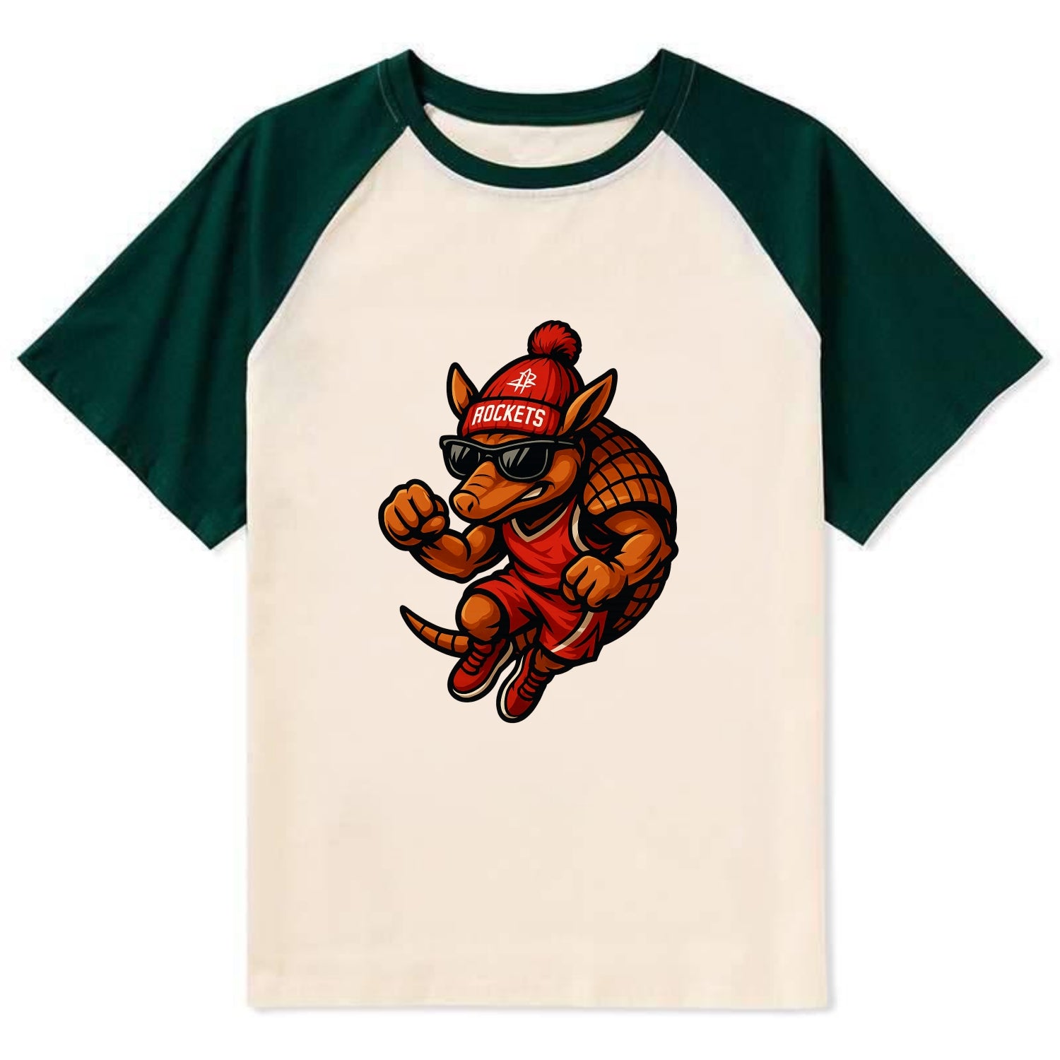 Houston Armadillo wearing Rockets red and silver beanie with rocket ship - Contrast Raglan T-shirt - Green