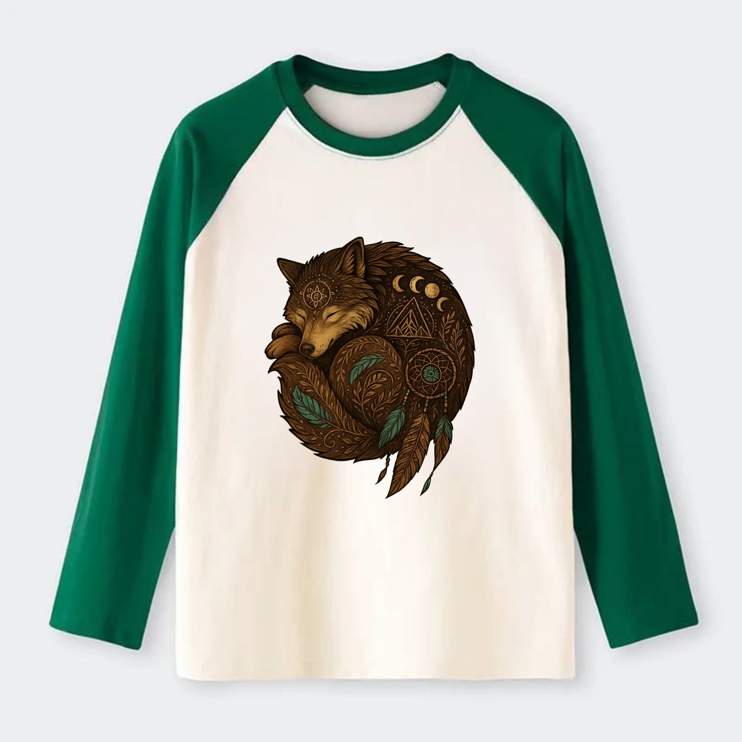 Sleeping Wolf Peace  - Raglan Long Sleeve T-Shirt - Green