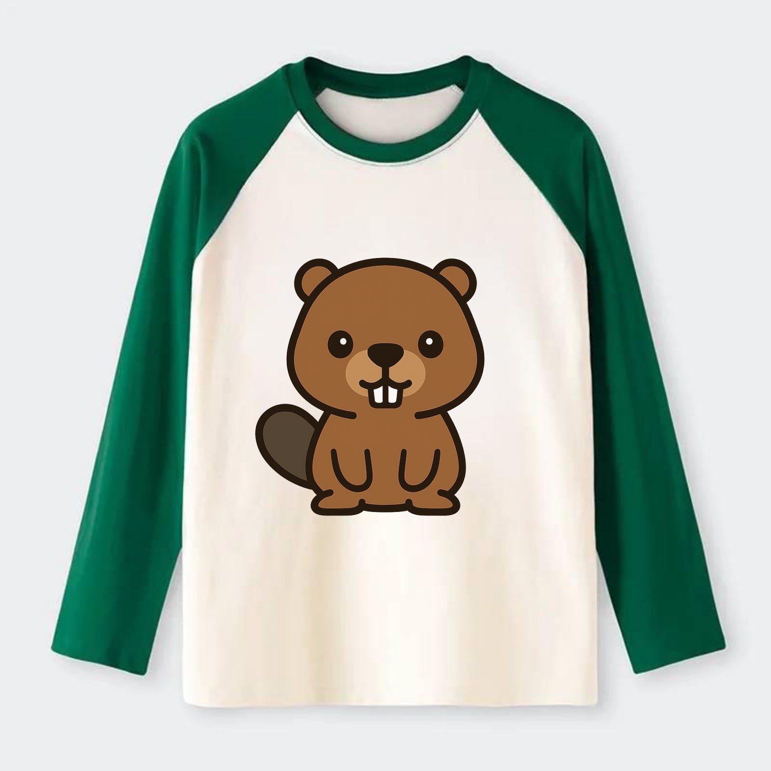 Baby Beaver - brown fur, paddle tail, buck teeth, friendly eyes, - Raglan Long Sleeve T-Shirt - Green