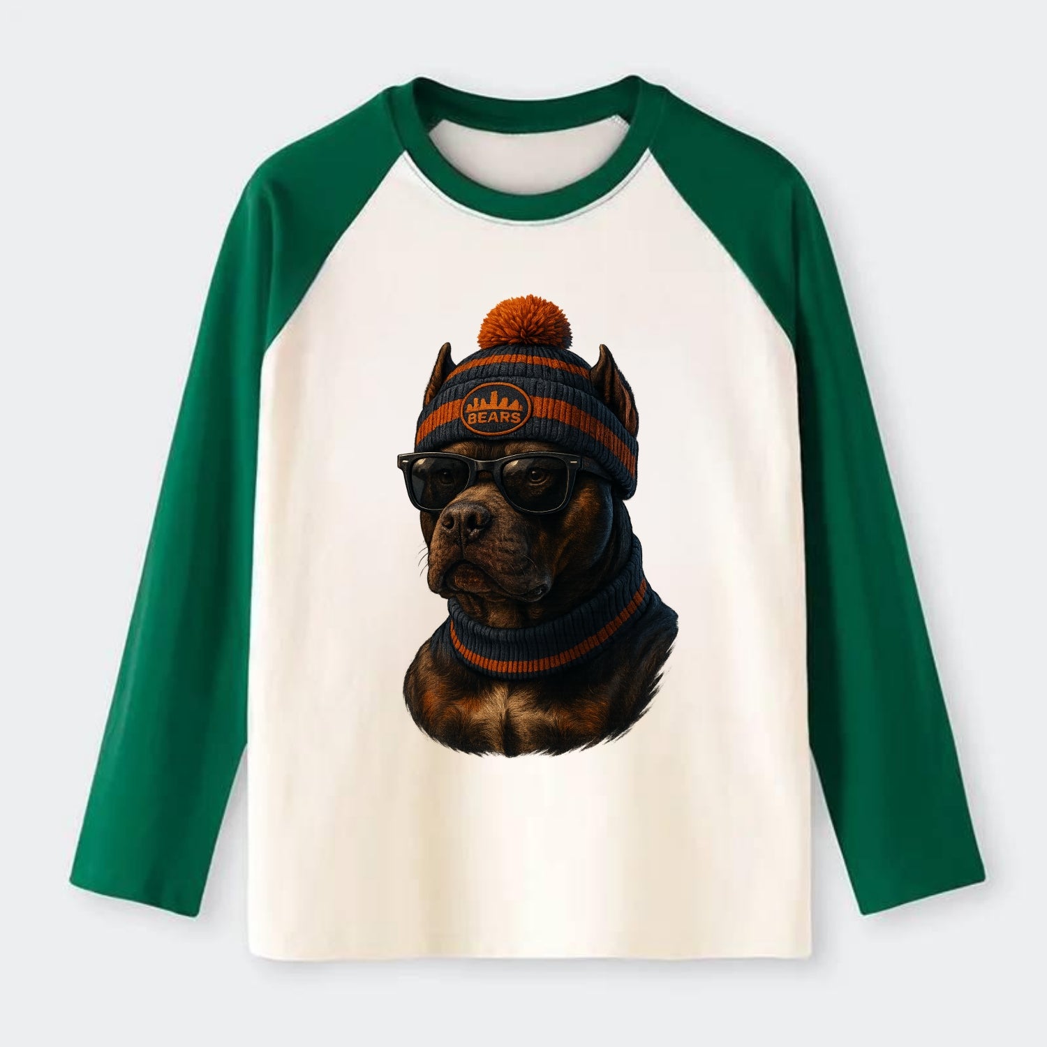 Chicago Pitbull wearing Bears beanie with skyline patch and wayfarer - Raglan Long Sleeve T-Shirt - Green