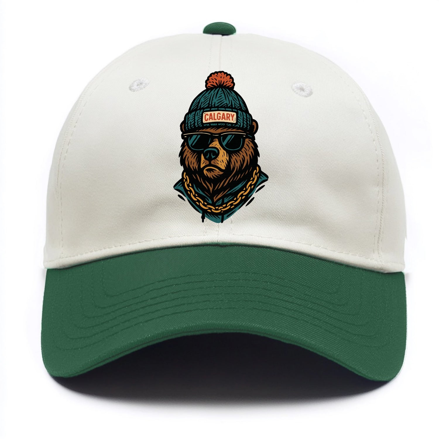 Calgary Grizzly Bear wearing Calgary beanie with pom pom and wayfarer sunglasses - Two Tone Cap - Green