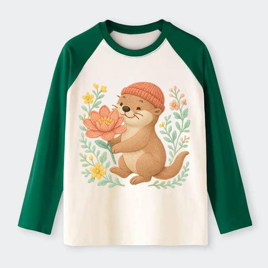 Peach Otter - Raglan Long Sleeve T-Shirt - Green