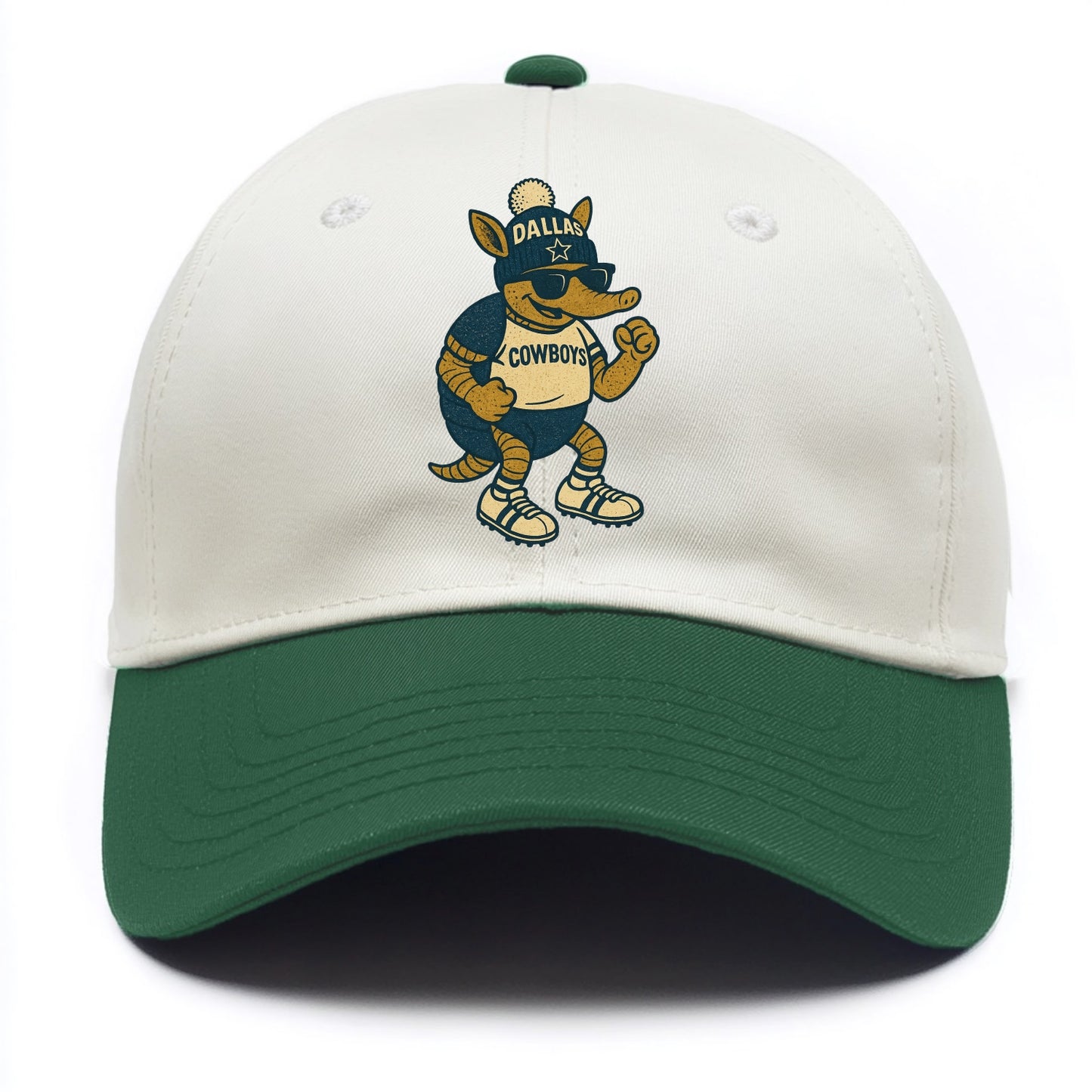 Dallas Armadillo wearing Cowboys beanie with lone star patch and wayfarer sunglasses - Two Tone Cap - Green