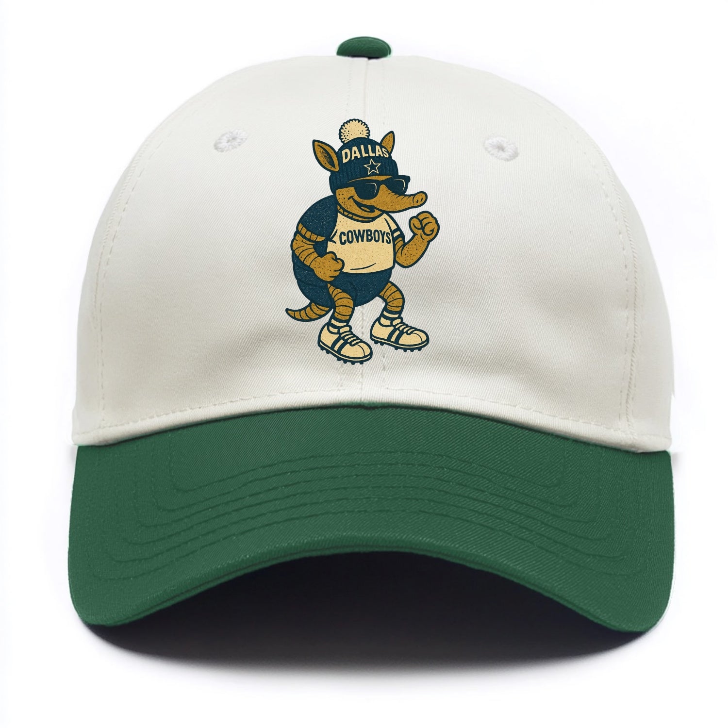 Dallas Armadillo wearing Cowboys beanie with lone star patch and wayfarer sunglasses - Two Tone Cap - Green