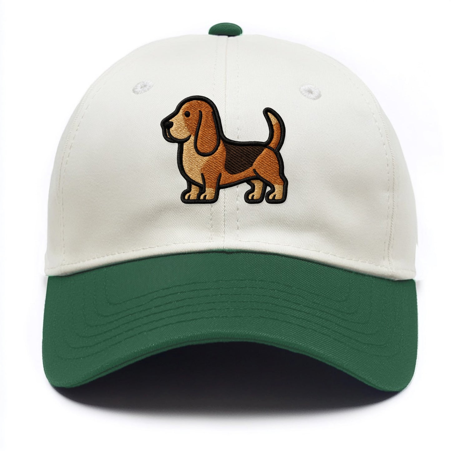 Basset Hound - Trendy low-rider design with prominent black outline - Two Tone Cap - Green