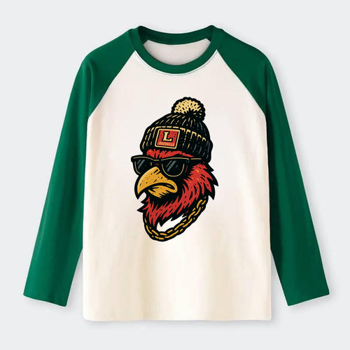 Louisville Cardinal wearing Louisville beanie with L patch - Raglan Long Sleeve T-Shirt