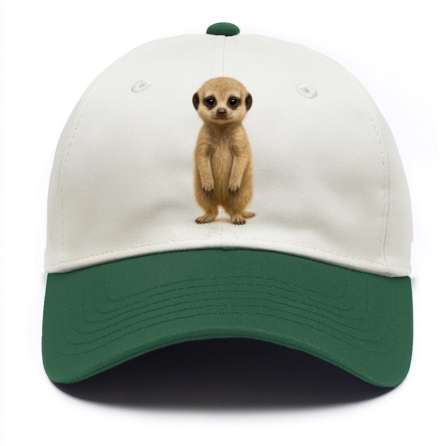 Baby Meerkat - tan fur, dark eye patches, alert stance, bright eyes, front-facing, - Two Tone Cap - Green