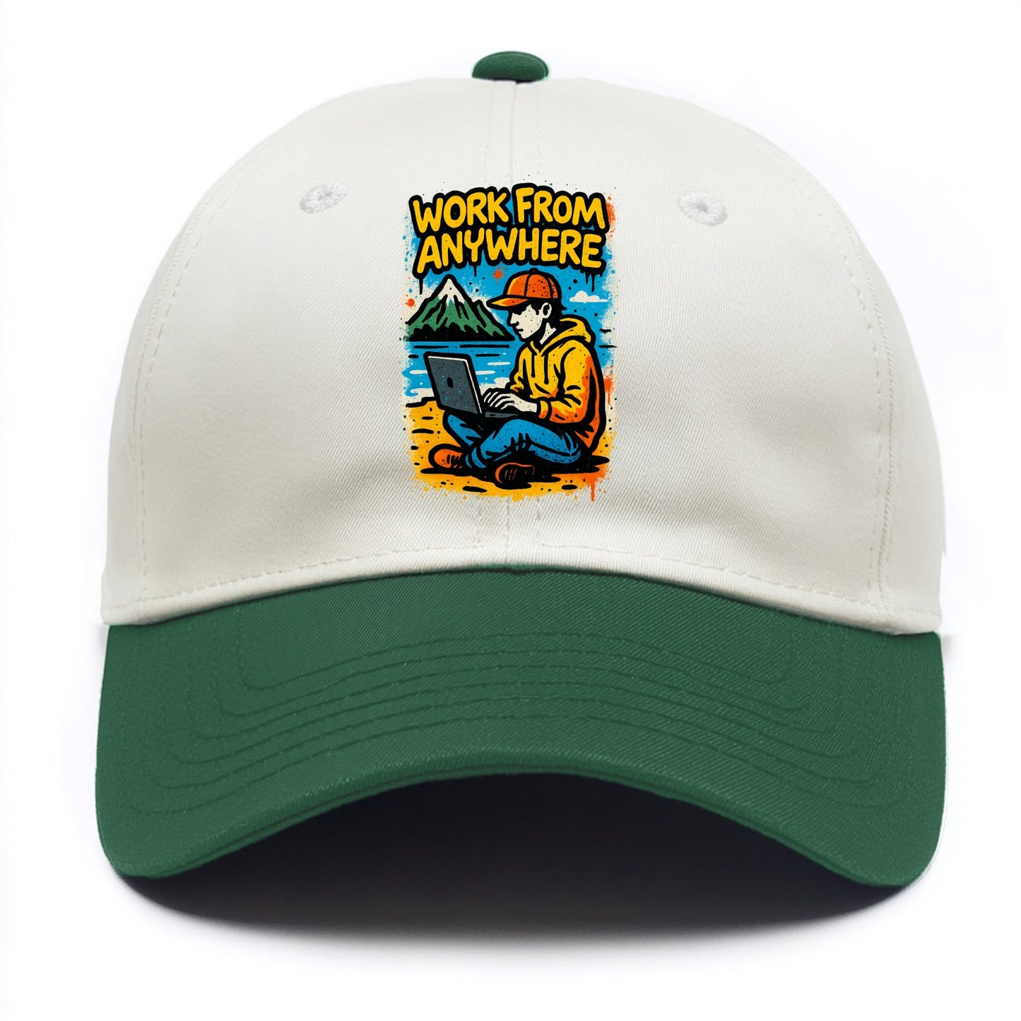 Digital nomad with laptop on beach/mountain - work from anywhere lifestyle, location - Two Tone Cap - Green
