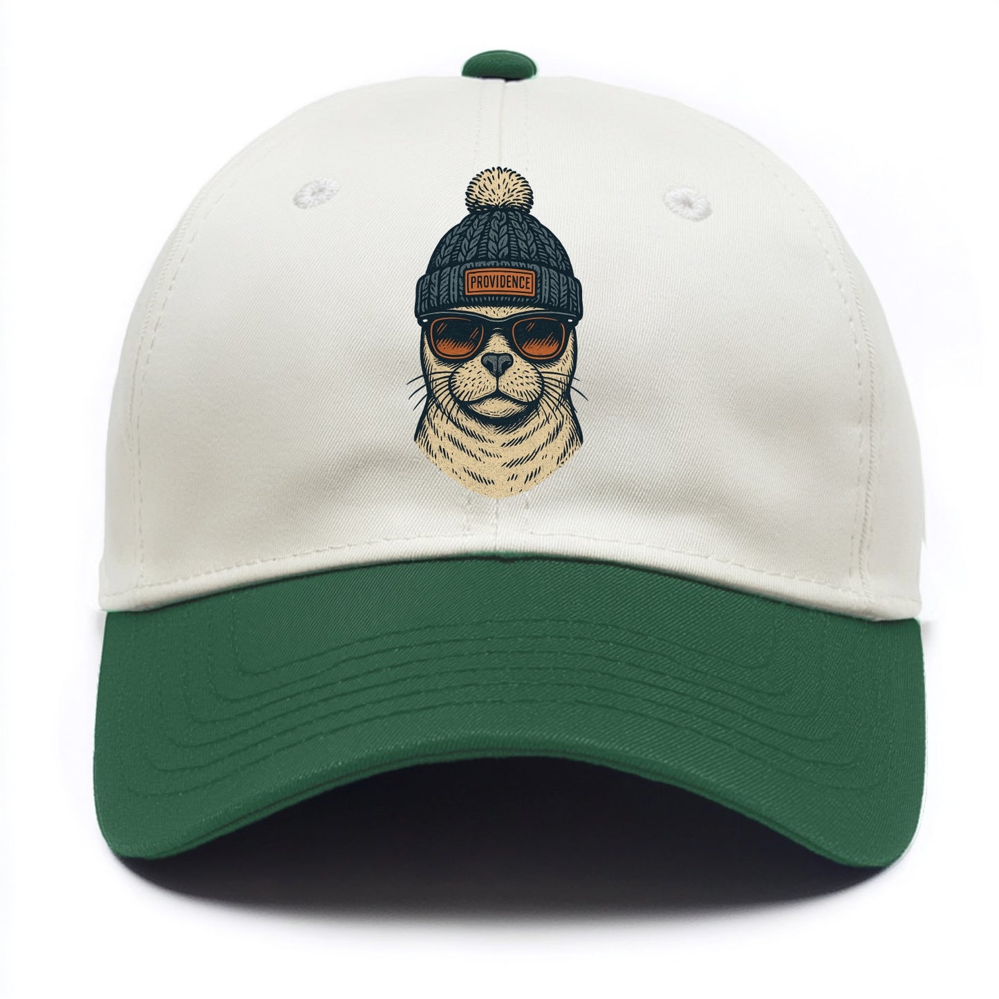 Rhode Island Harbor Seal wearing Providence beanie with pom pom and wayfarer - Two Tone Cap - Green
