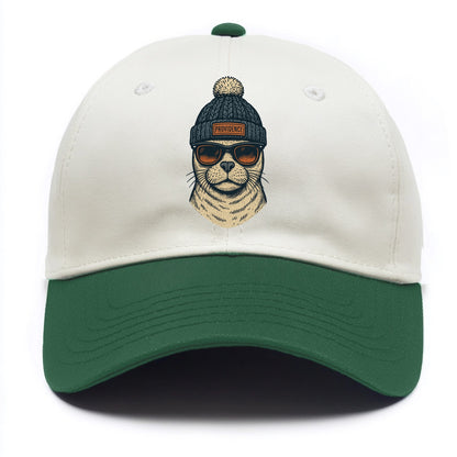 Rhode Island Harbor Seal wearing Providence beanie with pom pom and wayfarer - Two Tone Cap - Green