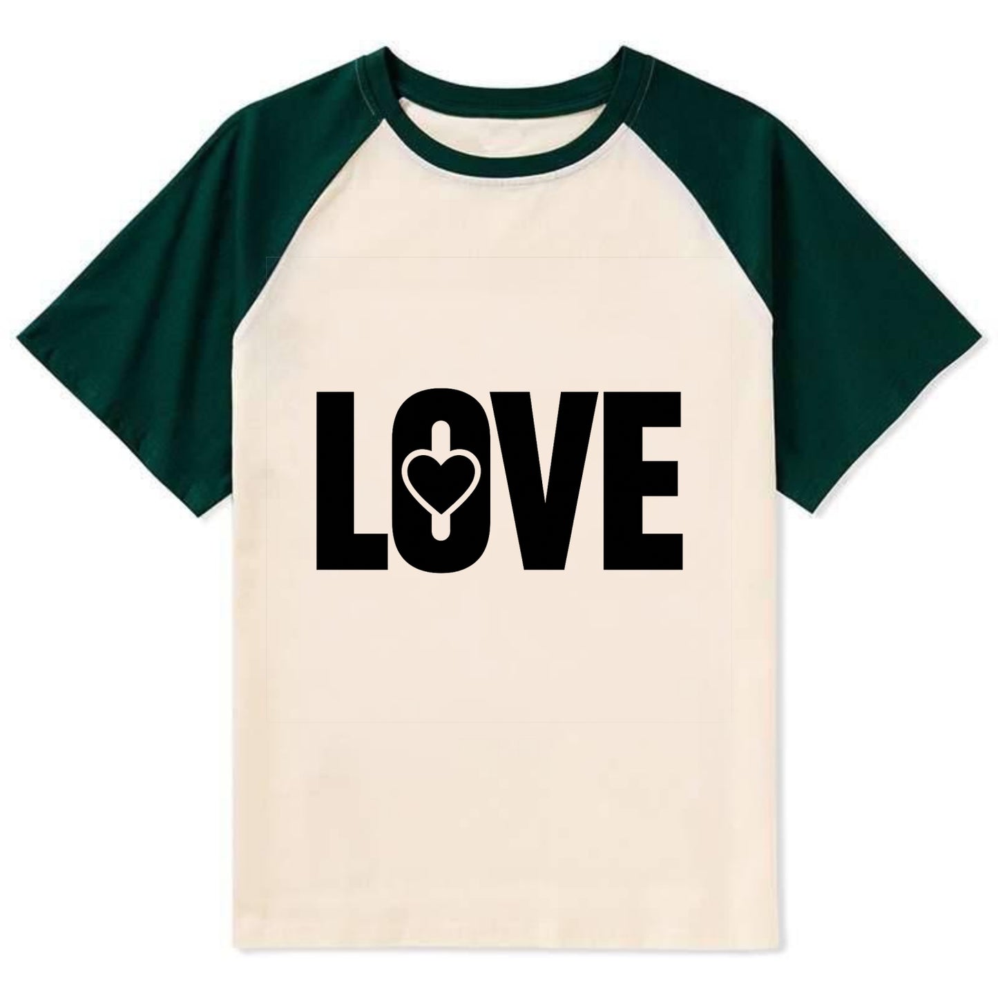 Bold typography design - "LOVE" - universal connection, heart centered - Contrast Raglan T-shirt - Green