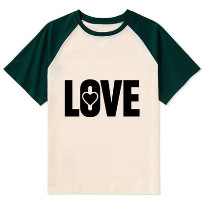 Bold typography design - "LOVE" - universal connection, heart centered - Contrast Raglan T-shirt - Green