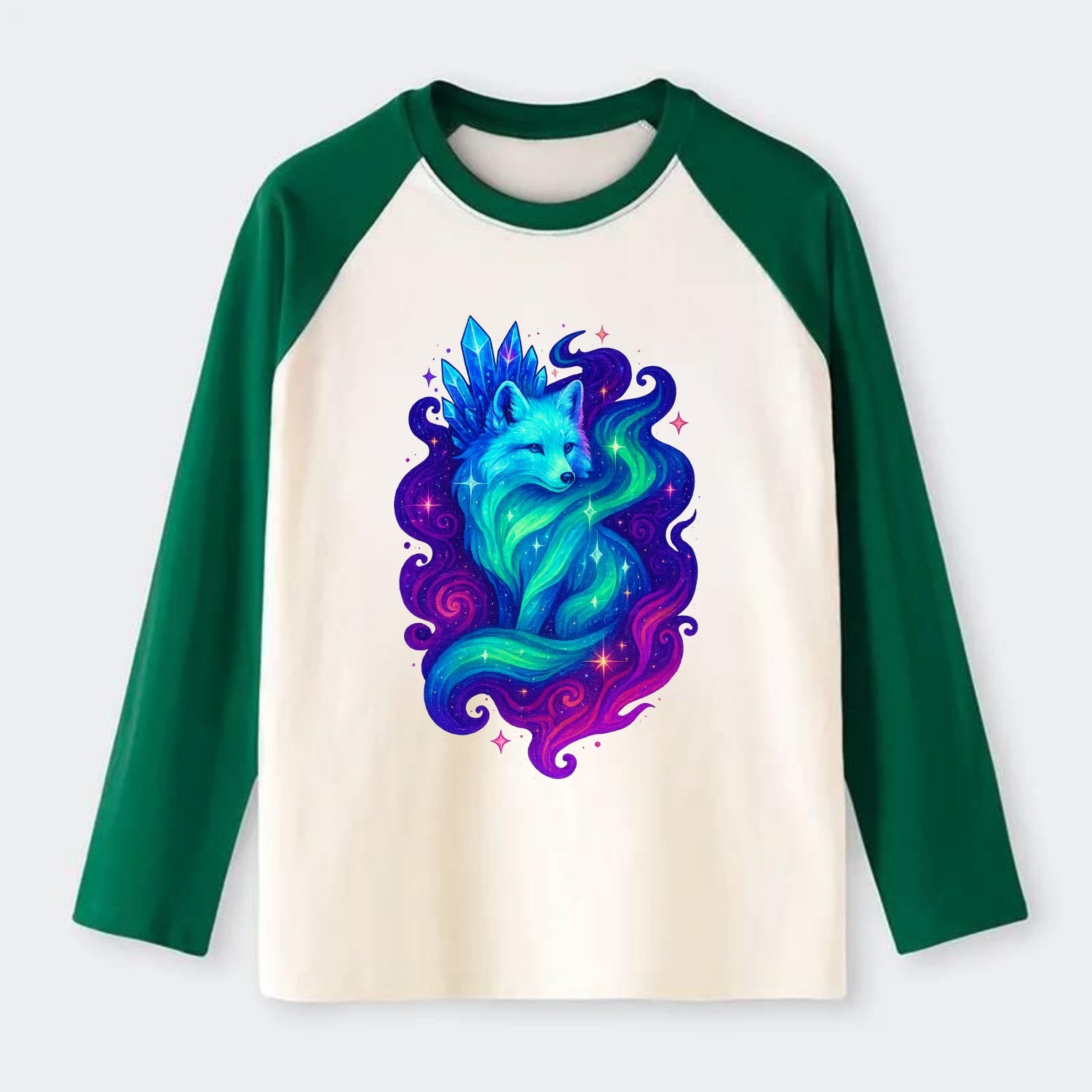 Ethereal arctic fox with fur that transforms into crystal formations, - Raglan Long Sleeve T-Shirt - Green