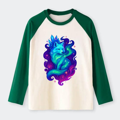 Ethereal arctic fox with fur that transforms into crystal formations, - Raglan Long Sleeve T-Shirt - Green