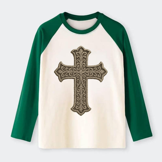 Filigree Cross  - Raglan Long Sleeve T-Shirt - Green