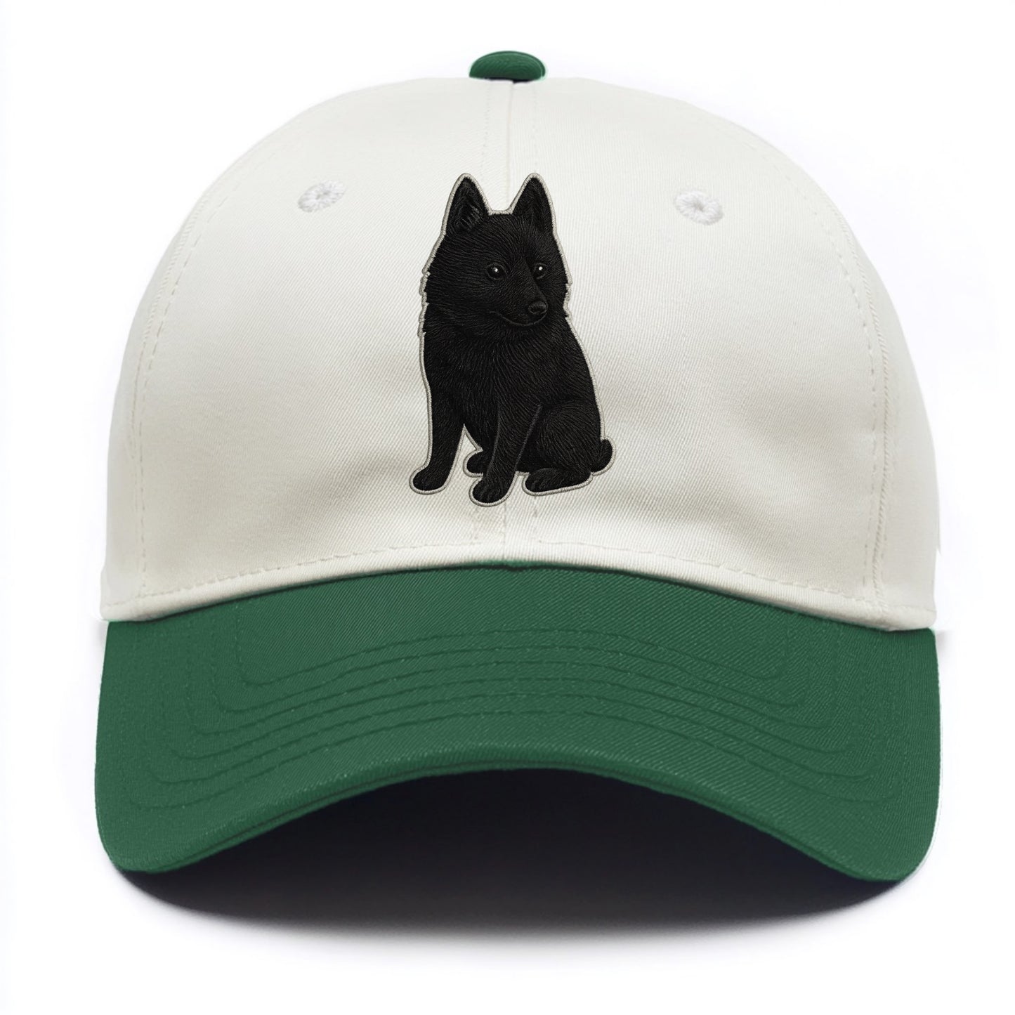 Schipperke - Solid black small embroidered sitting pose - Two Tone Cap - Green