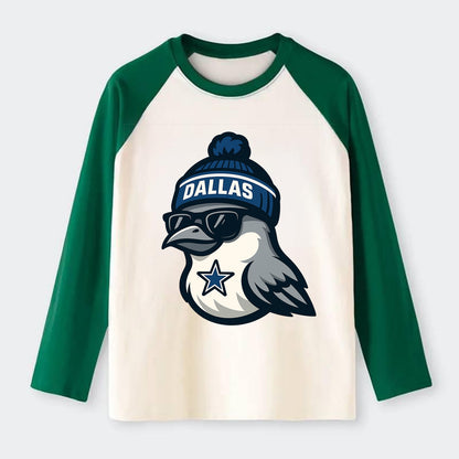 Dallas Mockingbird wearing Cowboys beanie with sheriff star and - Raglan Long Sleeve T-Shirt - Green