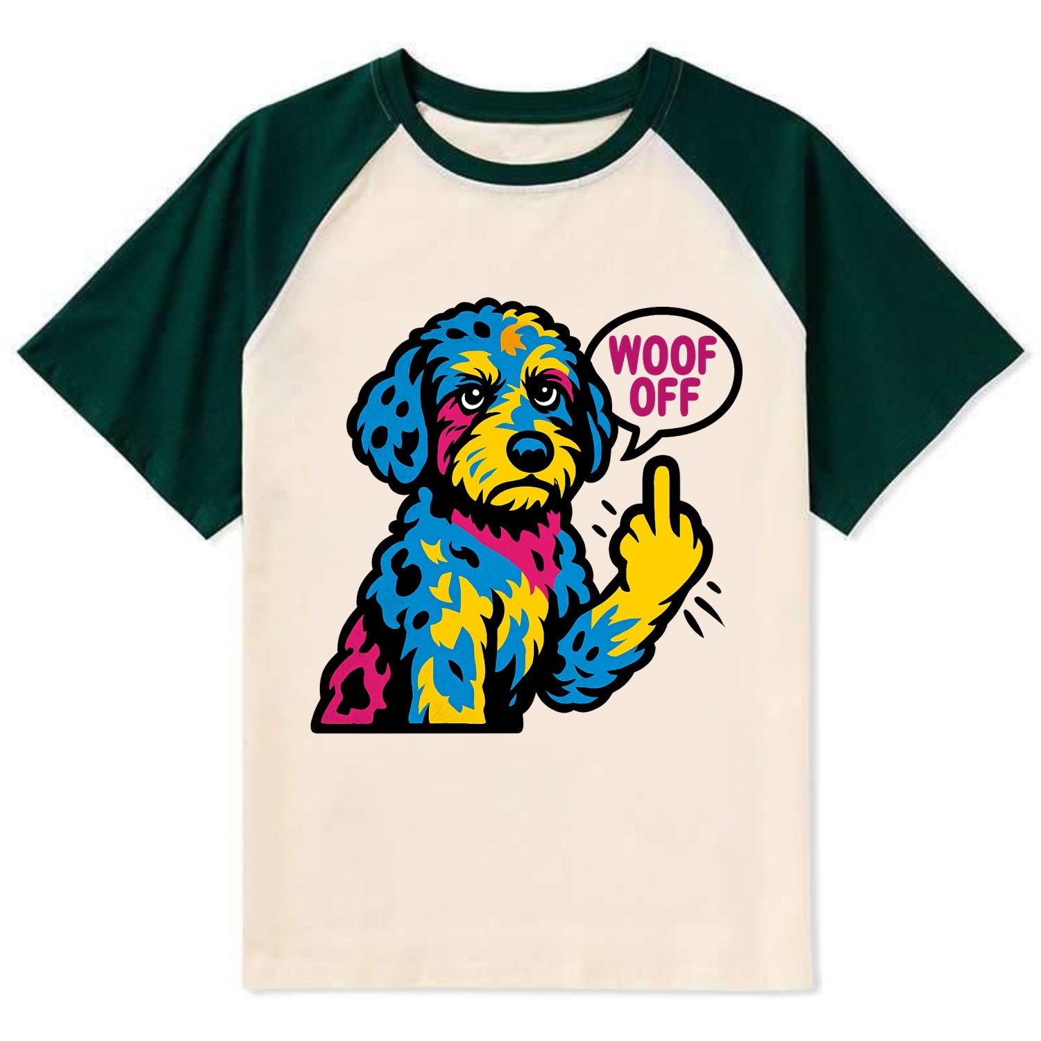 Aussiedoodle with merle patches and curly coat, playful smart paw raised - Contrast Raglan T-shirt - Green