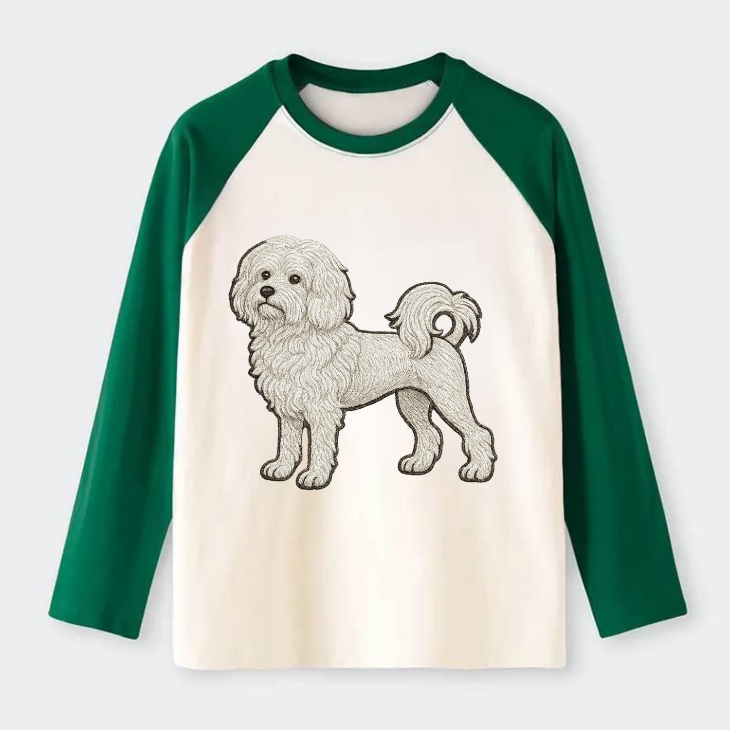 Löwchen - Little Lion Dog white embroidered pose - Raglan Long Sleeve T-Shirt - Green
