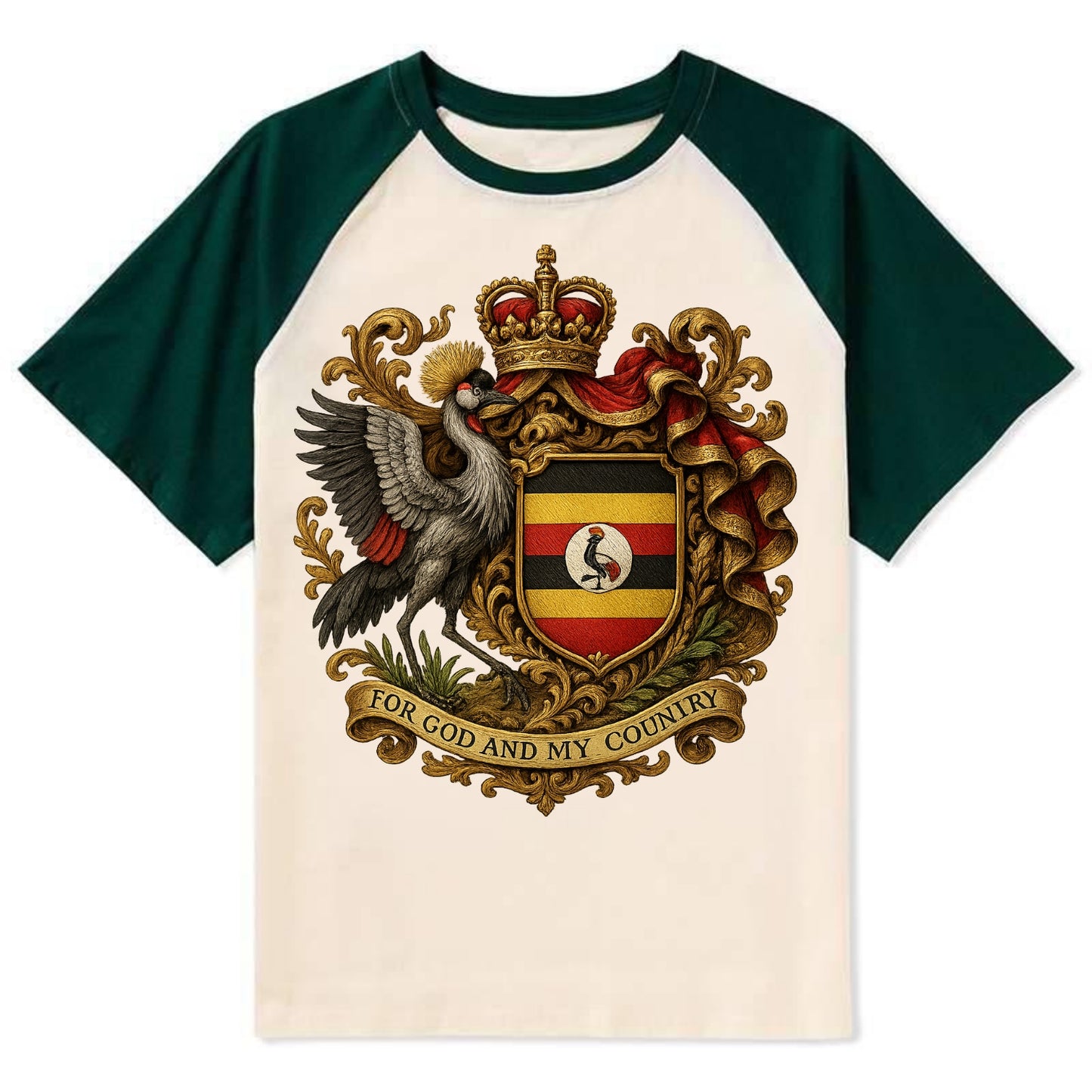 Uganda Crested Crane Emblem - Contrast Raglan T-shirt - Green