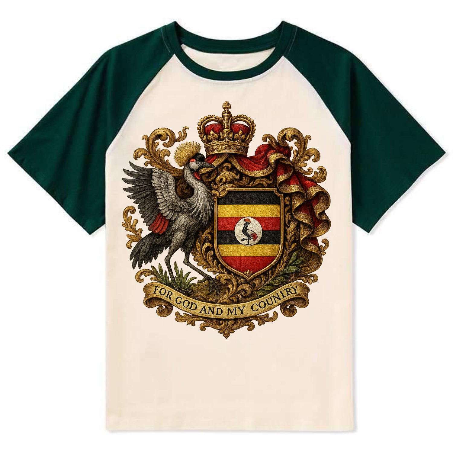 Uganda Crested Crane Emblem - Contrast Raglan T-shirt - Green