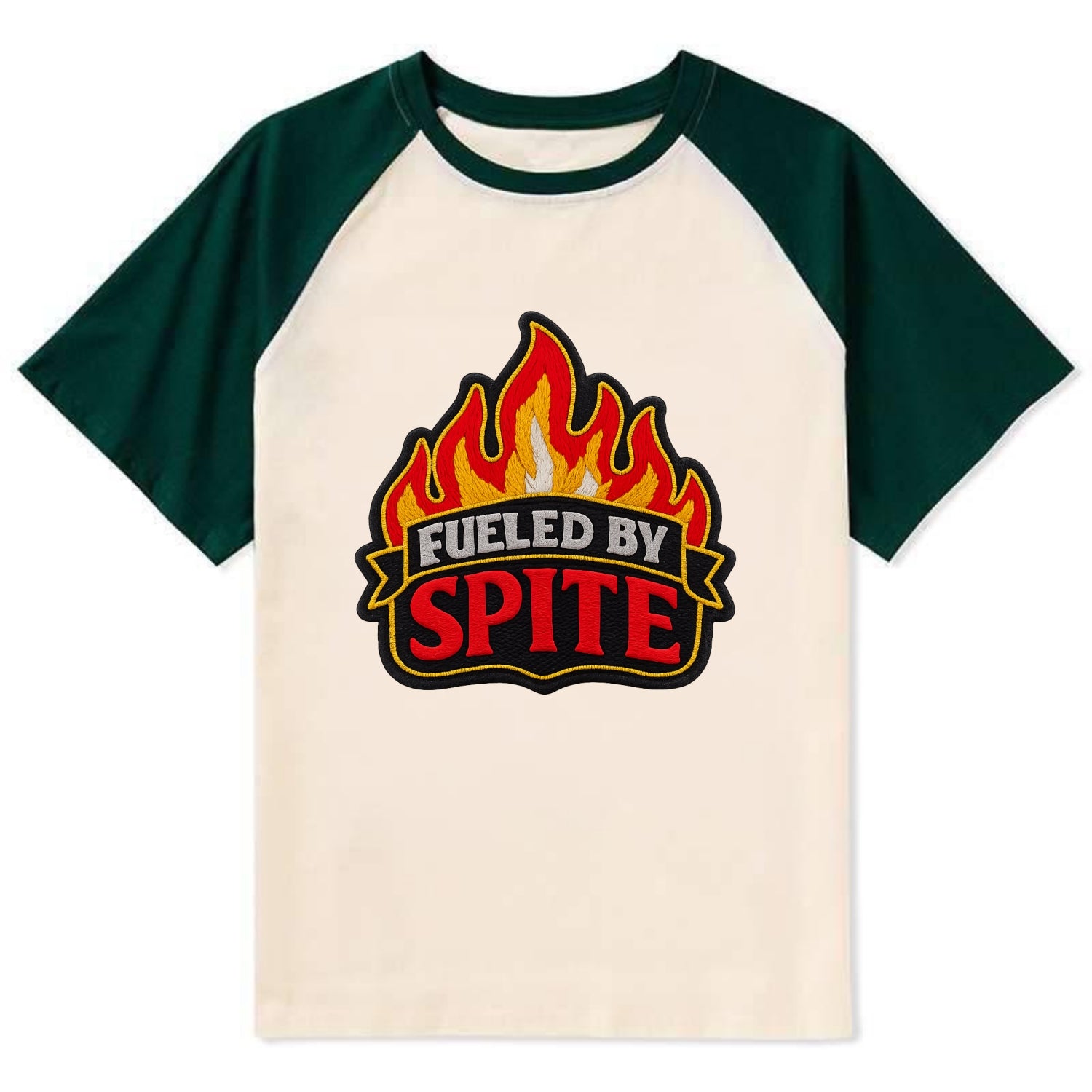 FUELED BY SPITE - fire with text in black and red , petty motivation - Contrast Raglan T-shirt - Green