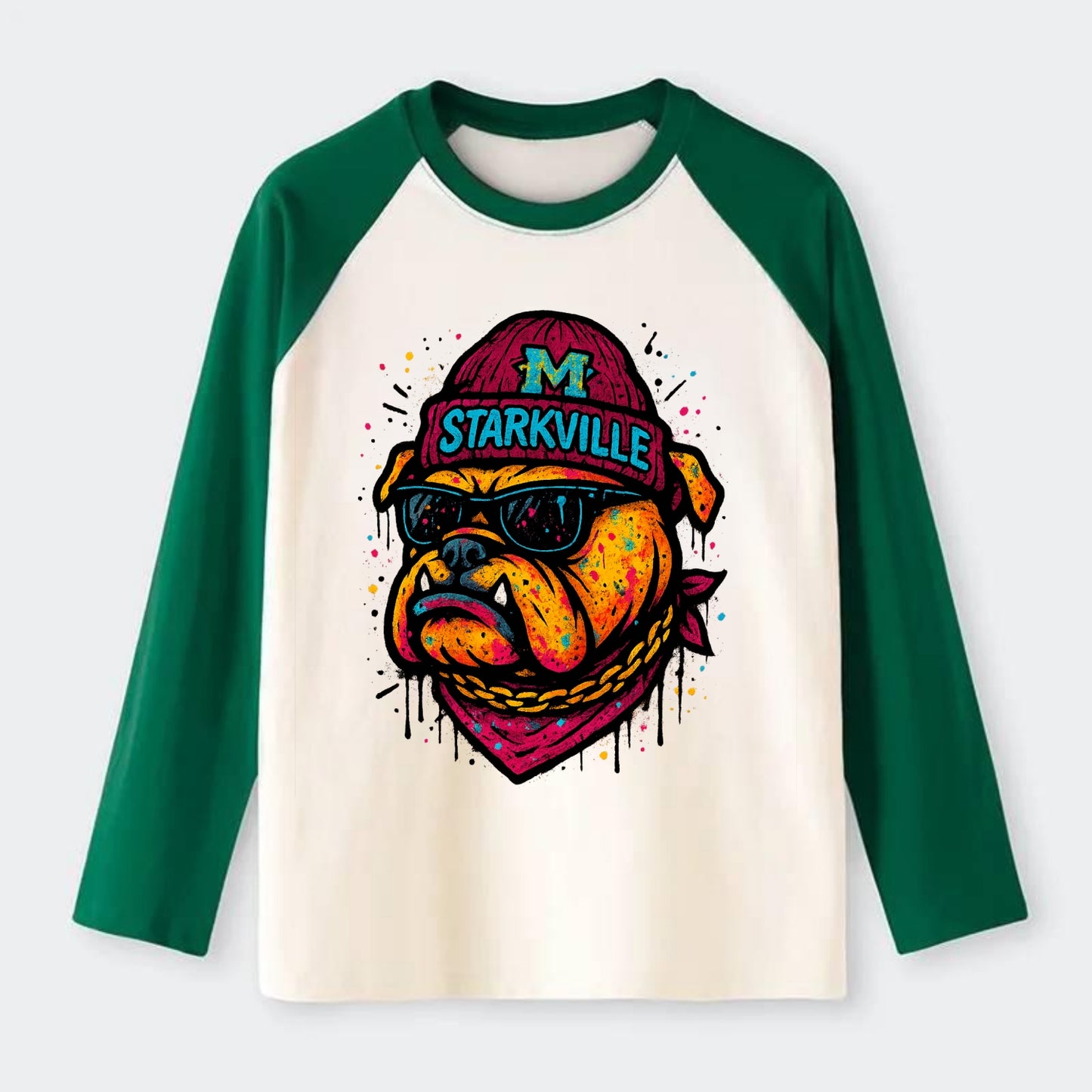 Starkville Bulldog wearing Mississippi State beanie with M patch - Raglan Long Sleeve T-Shirt - Green