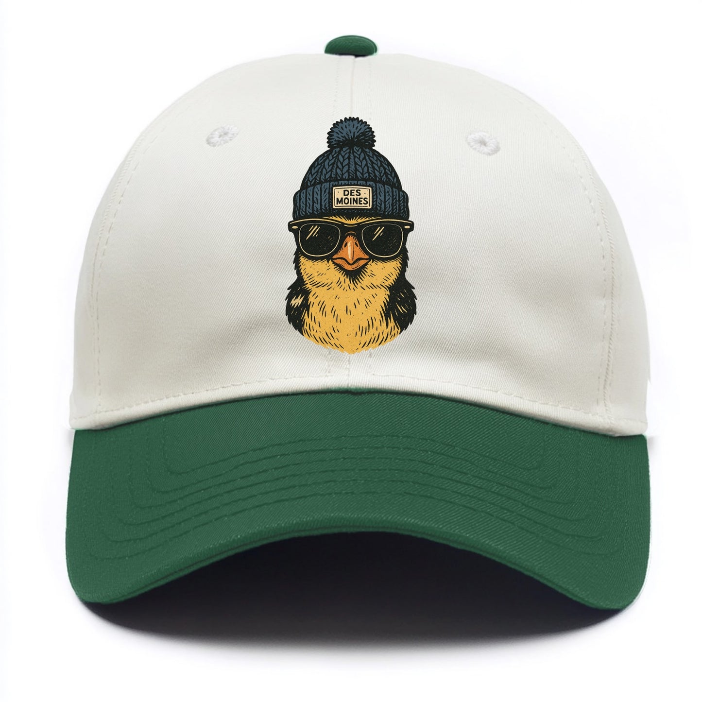 Iowa Goldfinch wearing Des Moines beanie with pom pom and wayfarer sunglasses - Two Tone Cap - Green