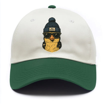 Iowa Goldfinch wearing Des Moines beanie with pom pom and wayfarer sunglasses - Two Tone Cap - Green